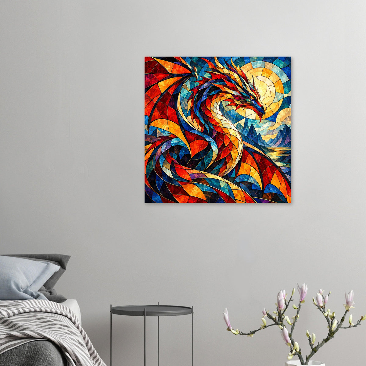 Drachen-Glasmalerei-Poster, quadratisch: kleiner Drache in leuchtenden Glasfarben