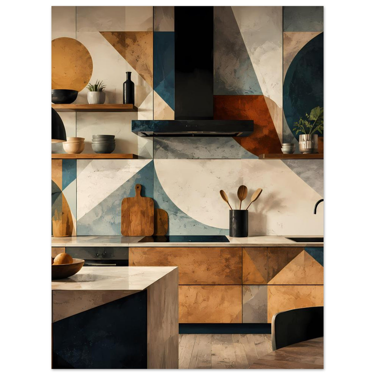 Küchenkunstposter im Rahmen mit geometrischer Küchenillustration, Herd, Brett und Zubehör