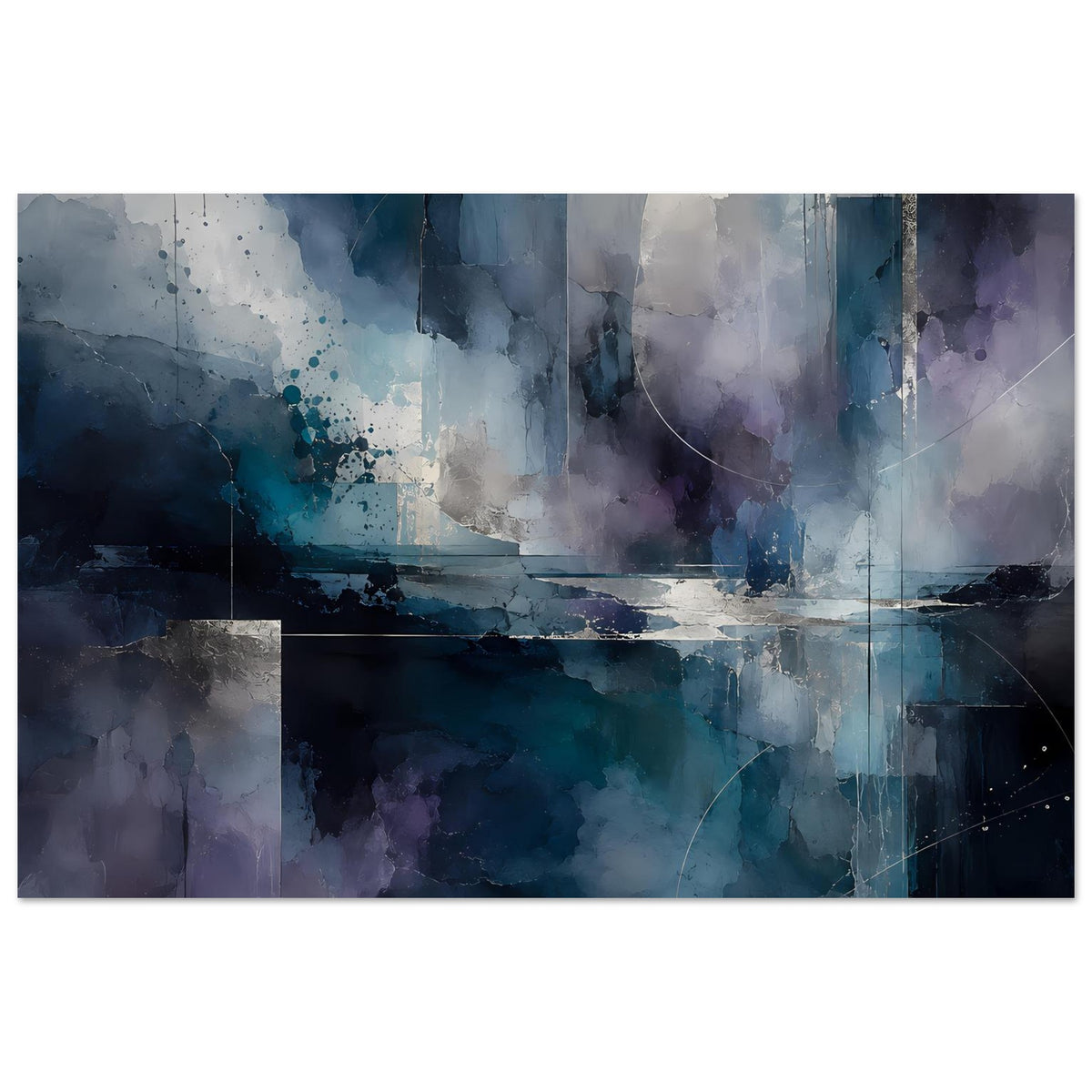 Querformatiges Kunstposter mit Blau-Violett-Motiv, körnigen Spritzern und weichen Verläufen