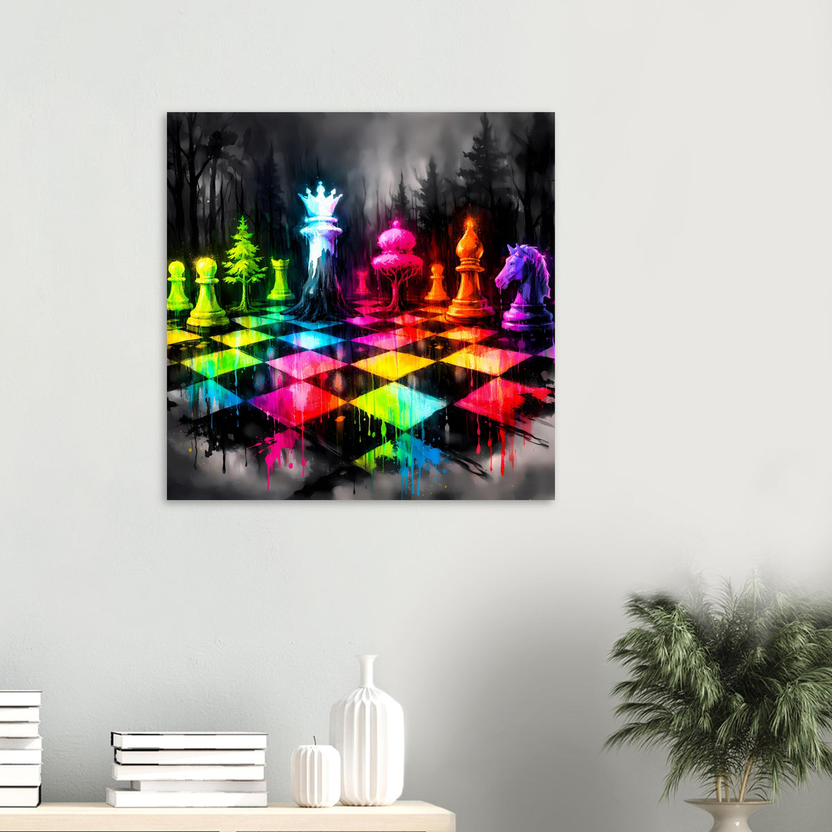 Quadratisches Schachspiel-Poster mit leuchtenden Neon-Schachfiguren auf buntem Schachbrett