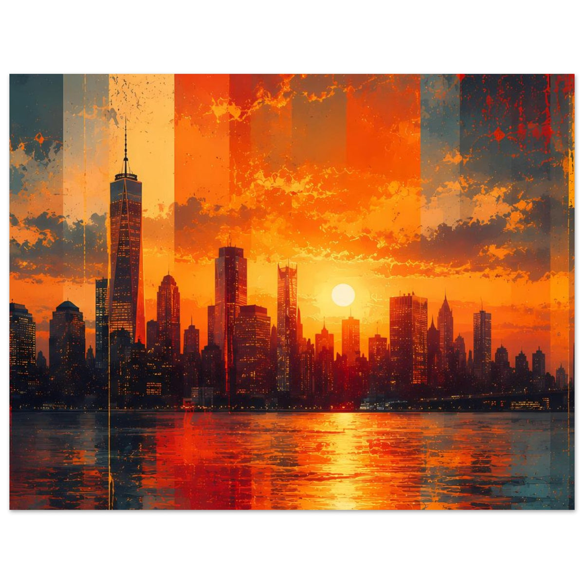 Wandposter mit Stadt-Skyline, orange-rotem Sonnenuntergang und Spiegelung im Wasser