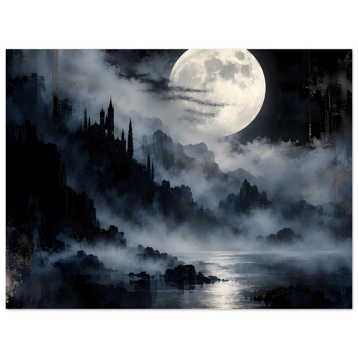 Landschaftsposter im Querformat: Vollmond über Nebel und dunkler Burglandschaft am Wasser