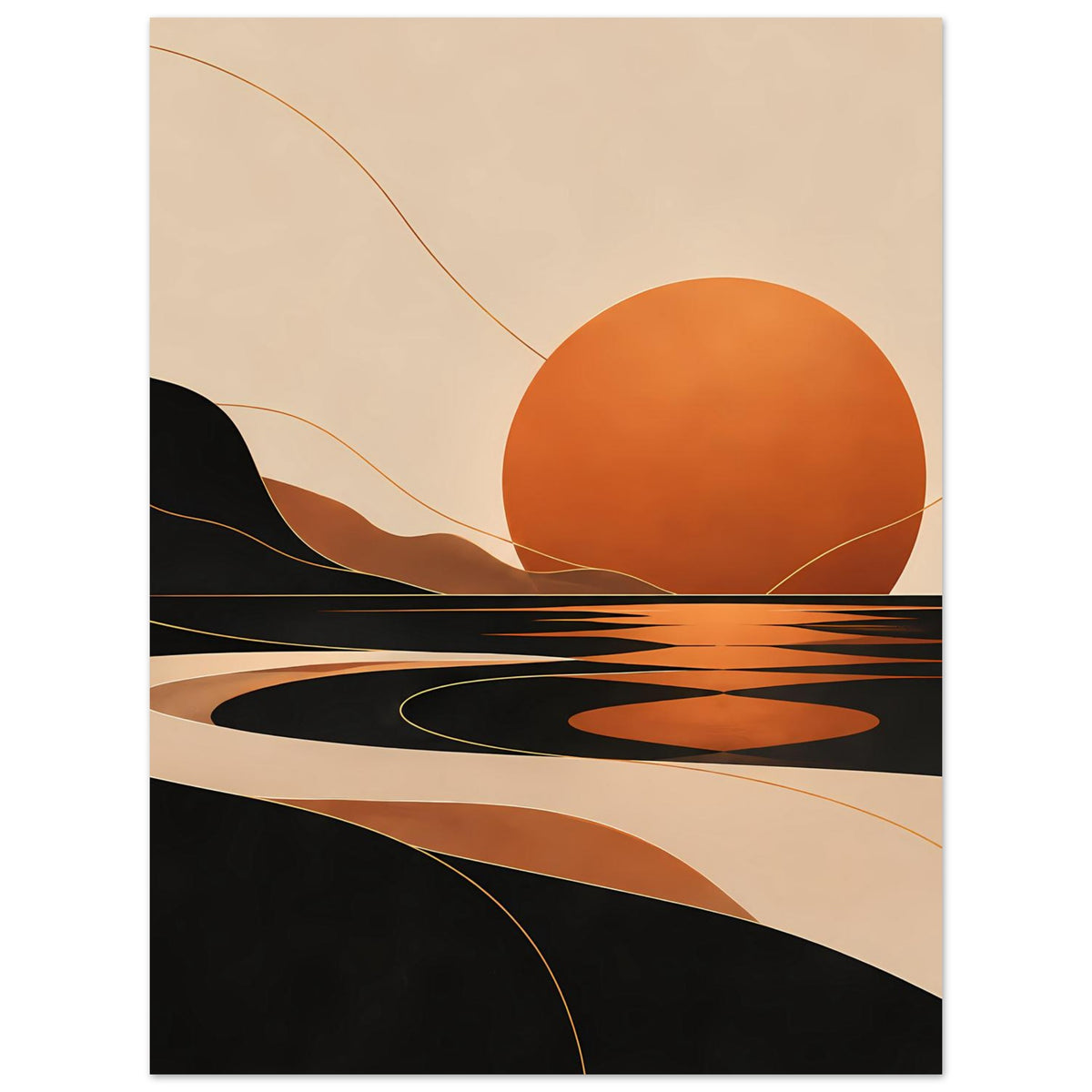 Kunstposter im Hochformat: große orange Sonne, dunkle Flächen und warme Erdfarben