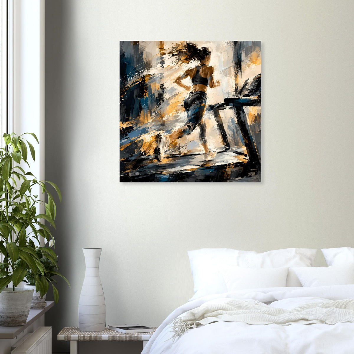 Quadratisches Kunstposter mit abstraktem Sportmotiv, Läufer in Blau-Gold-Akzenten