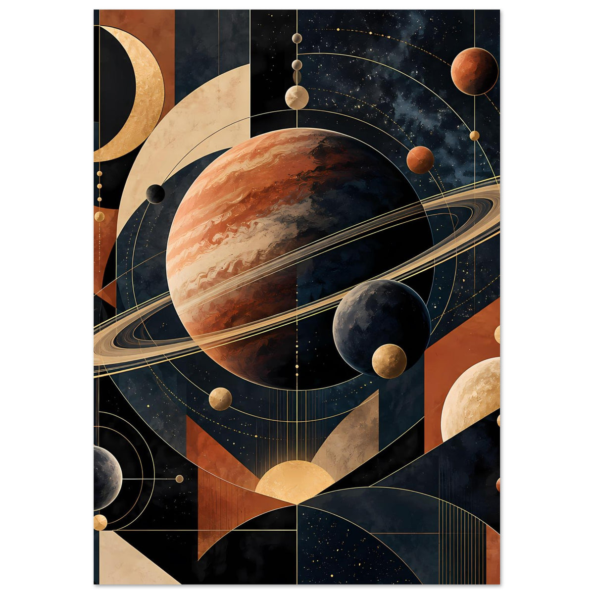 Poster im Hochformat mit Planet, Saturnring und Planeten-Symbolen in dunklen warmen Farben