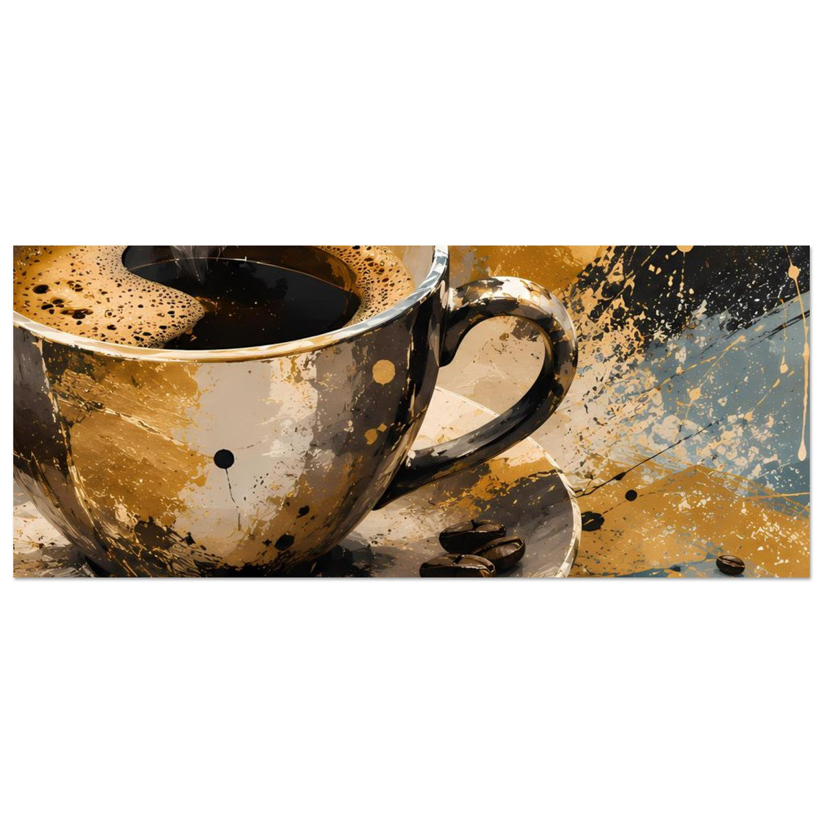 Kunstposter mit angeschnittener Kaffeetasse und Dampf; Untertasse und wenige Kaffeebohnen sichtbar