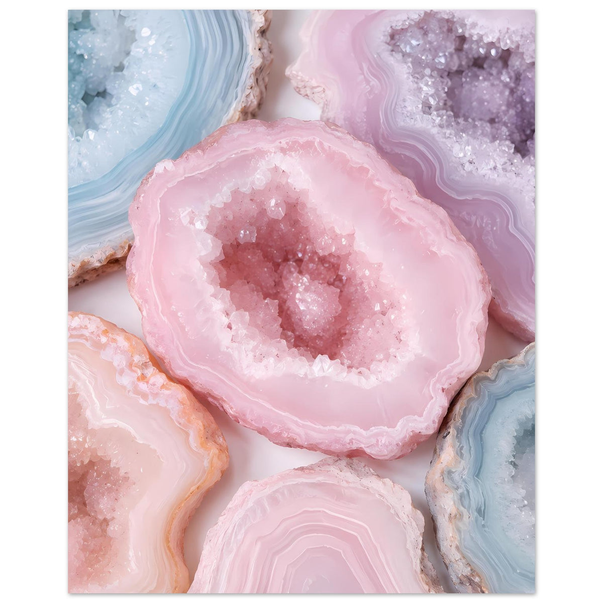 Poster mit rosa Kristallgeode und türkis-blauen Einfassungen, umgeben von violetten Geoden