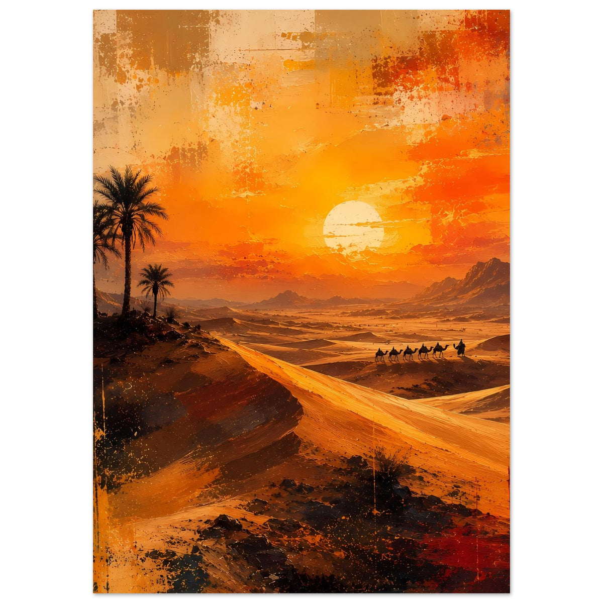 Wüstenposter im Hochformat mit Palmen, Karawane und orange-gelber Sonne über Dünen