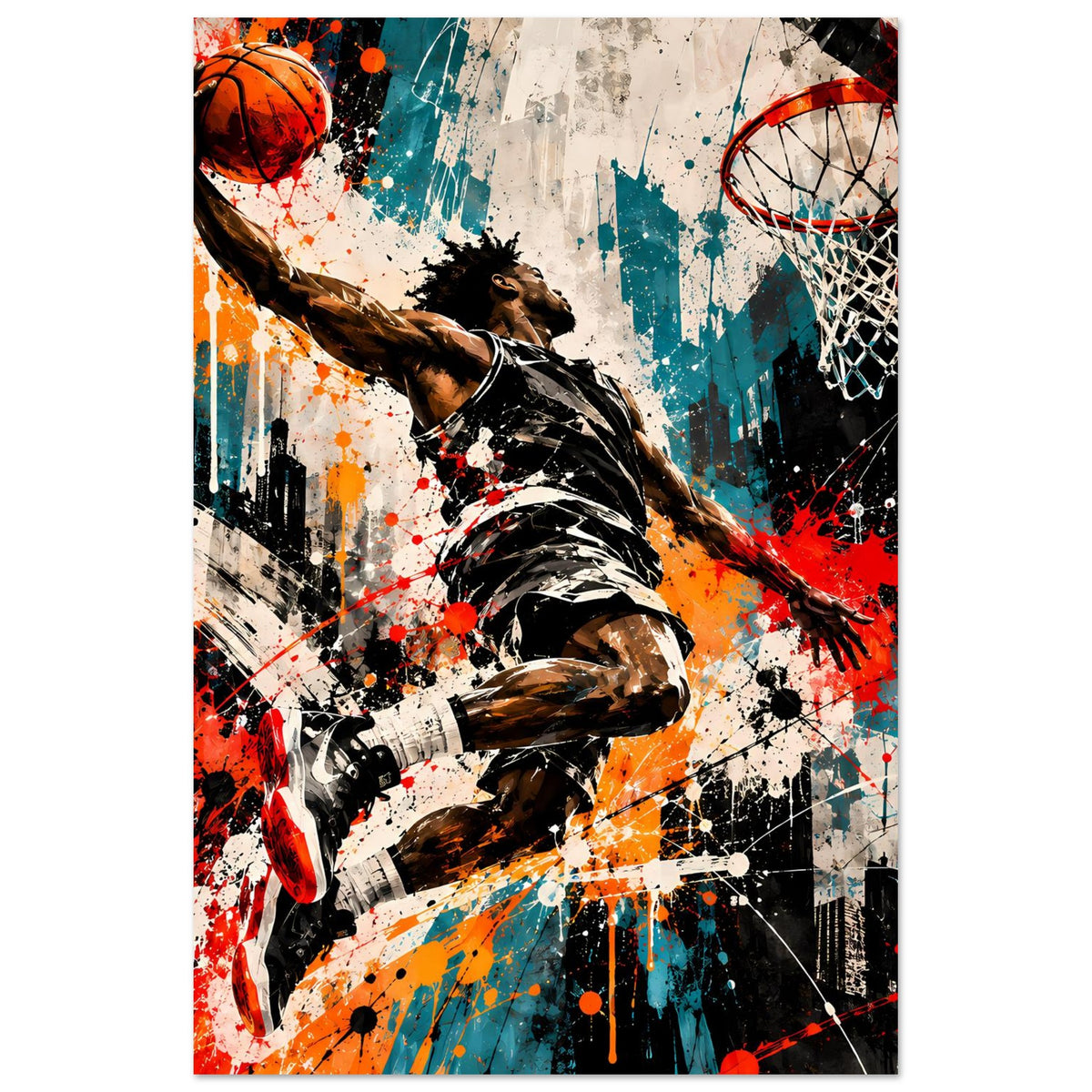 Vertikales Basketball-Poster: Dunking-Spieler, Orangeball, Netz, Spritzfarben