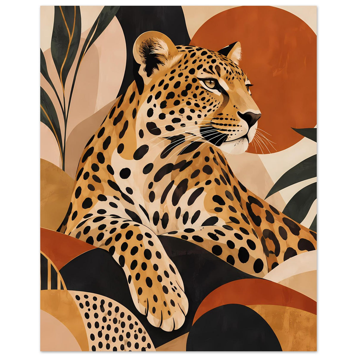 Leopard-Tierposter im Hochformat: sitzender Leopard mit beigem Fell und schwarzen Flecken