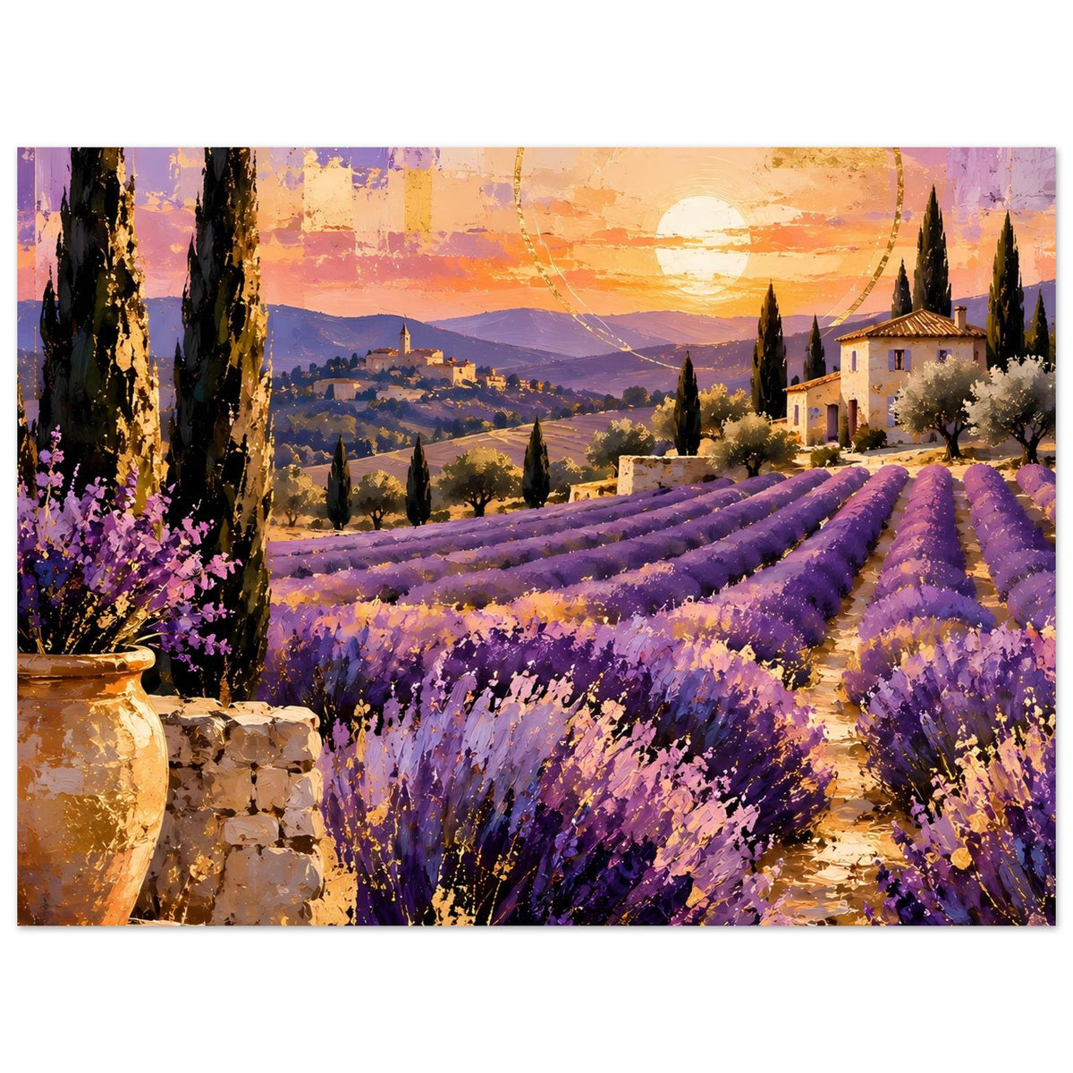 Poster mit lila Lavendelfeld, goldener Abendsonne und Vase sowie Steinmauer links