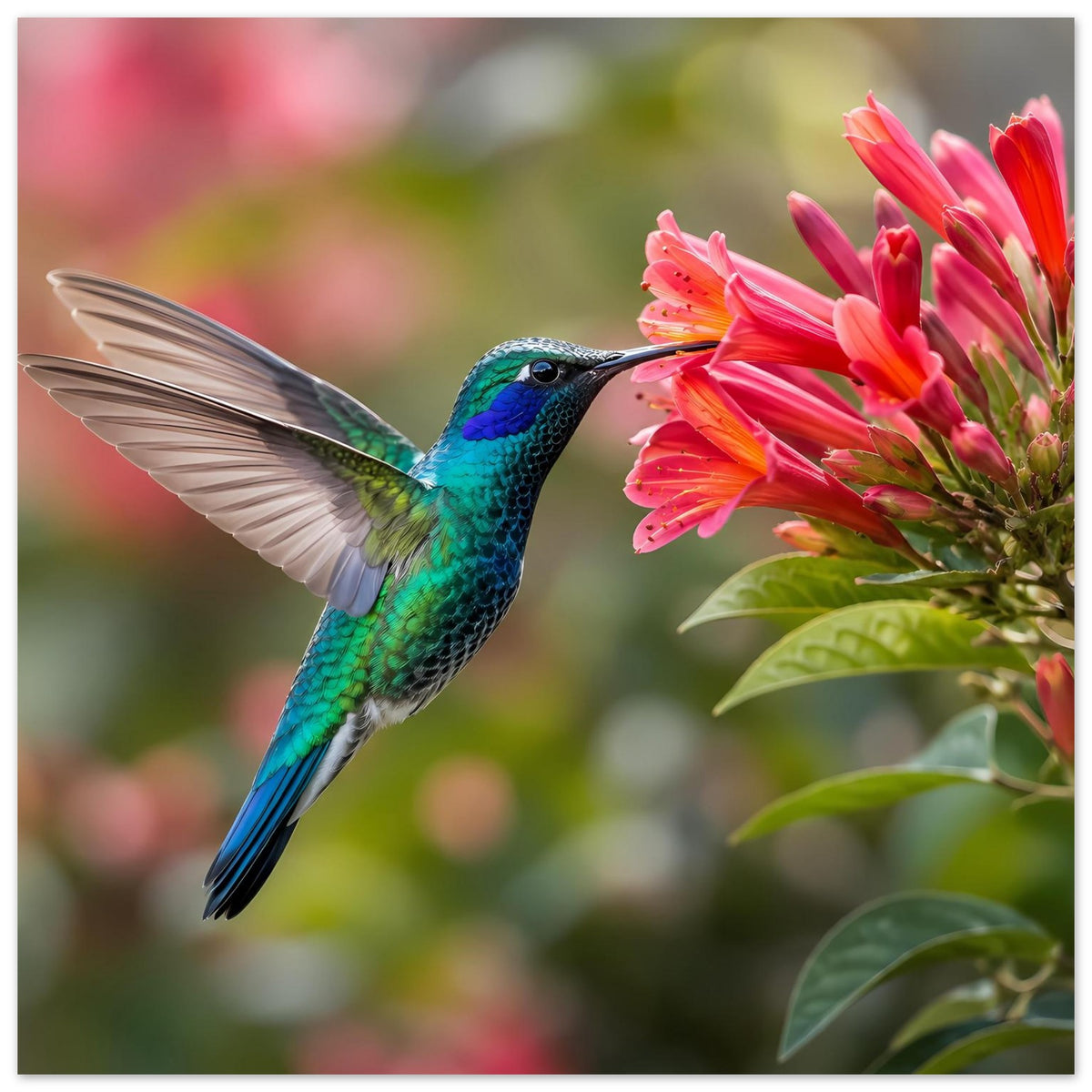 Naturposter mit türkisem Kolibri im Flug zwischen pinken Blüten und grünen Blättern