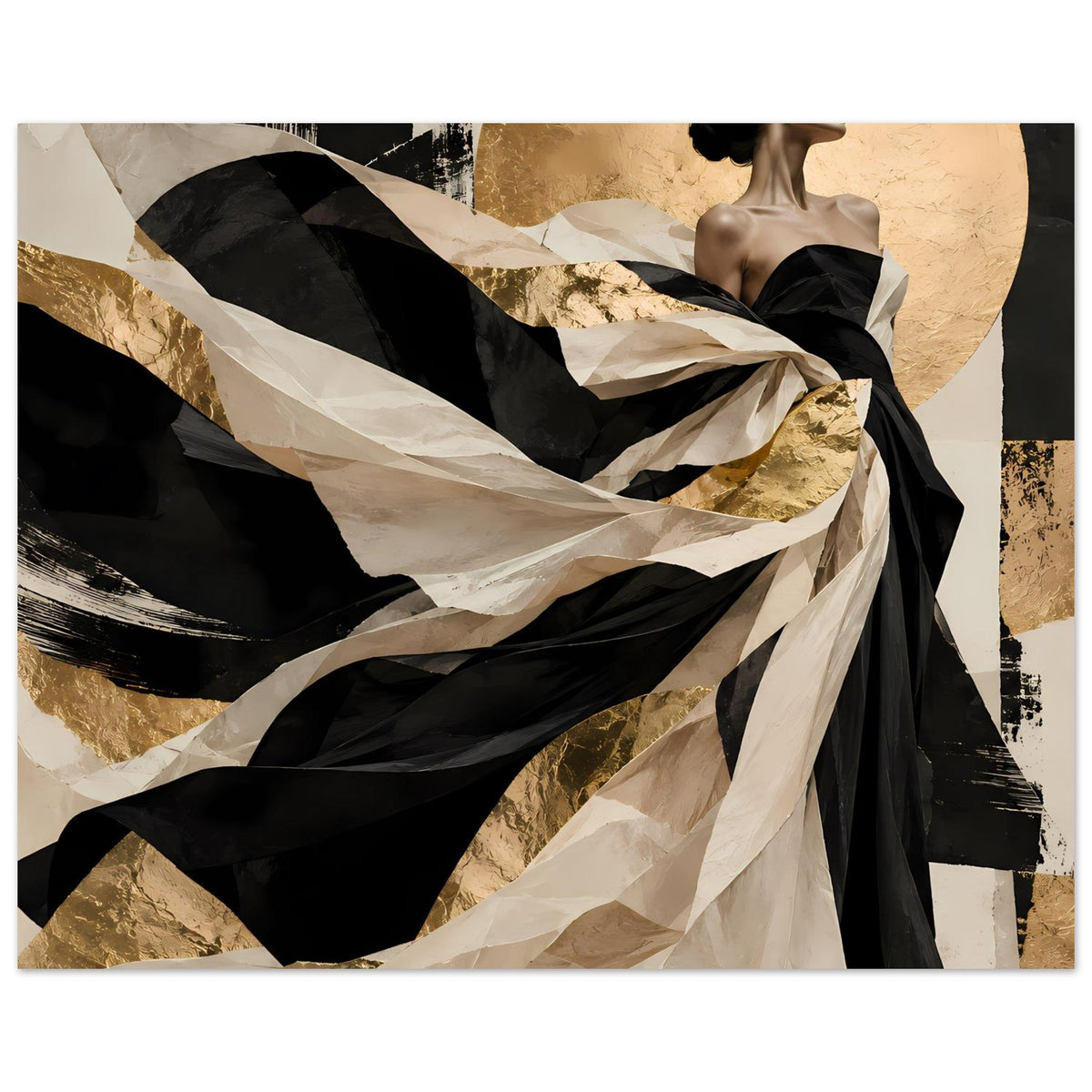 Matte Kunstposter (quer): Fließende Bahnen in Schwarz, Beige und Gold um die Figur gelegt