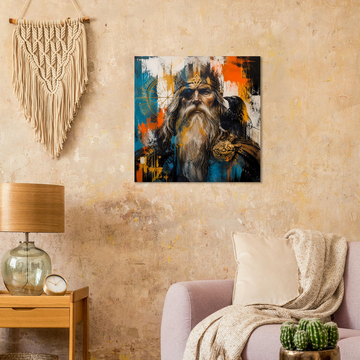 Poster mit Wikingerfigur und Rabe, Details in Blau, Orange und Grau, Augenklappe