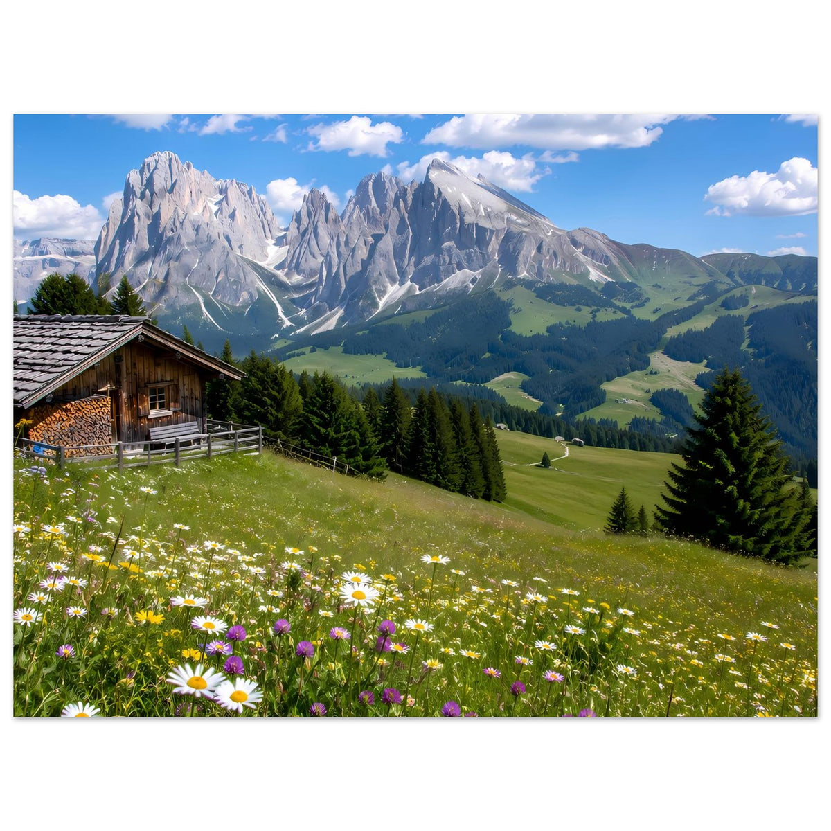 Landschaftsposter mit Alpenpanorama, Berghütte, Tannenwald und blühender Wiese, Querformat