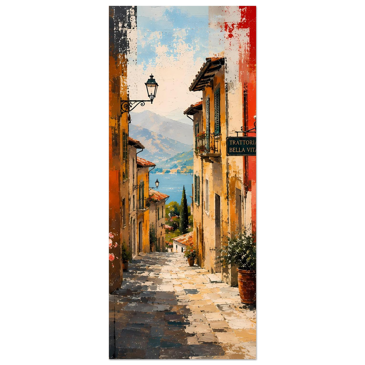 Vertikales Poster mit mediterraner Gasse, orange-rote Wände, Wegpflaster und Pflanzen