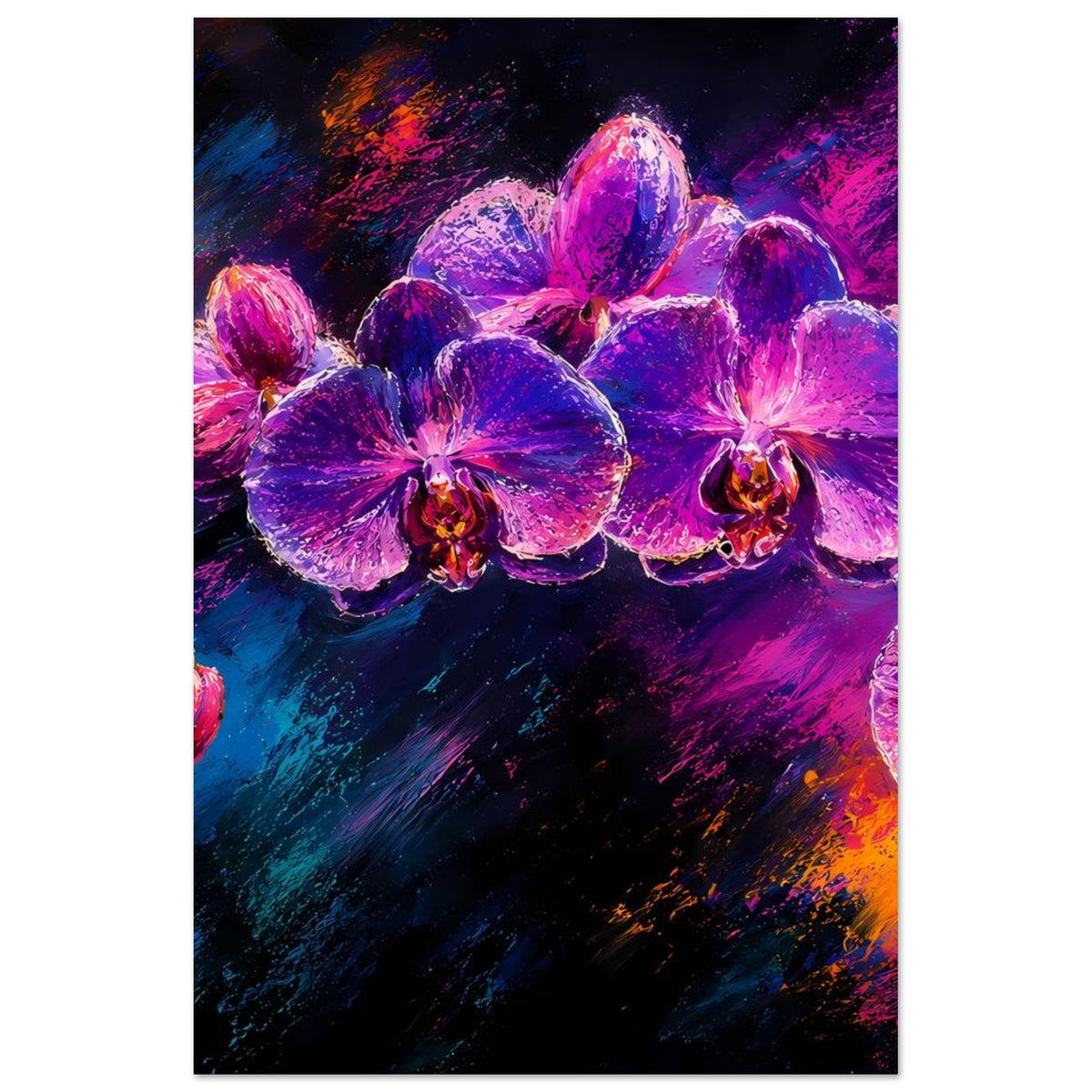 Blumenposter mit violetten Orchideen und leuchtendem Farbwirbel, im Hochformat