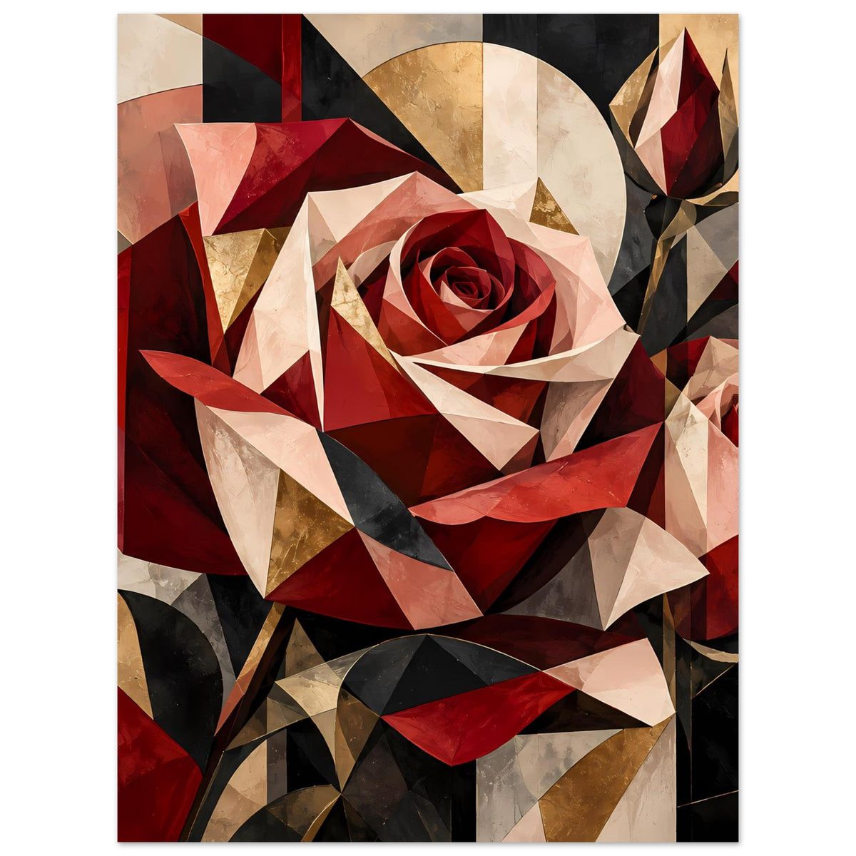 Blumenposter mit geometrischer Rosenblüte in Rot und Gold, abstrakte Kanten und Flächen