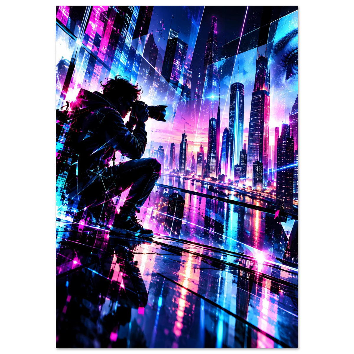 Neon-Cyberpunk-Stadtposter, schmale Ansicht mit Silhouette und bunten Hochhäusern