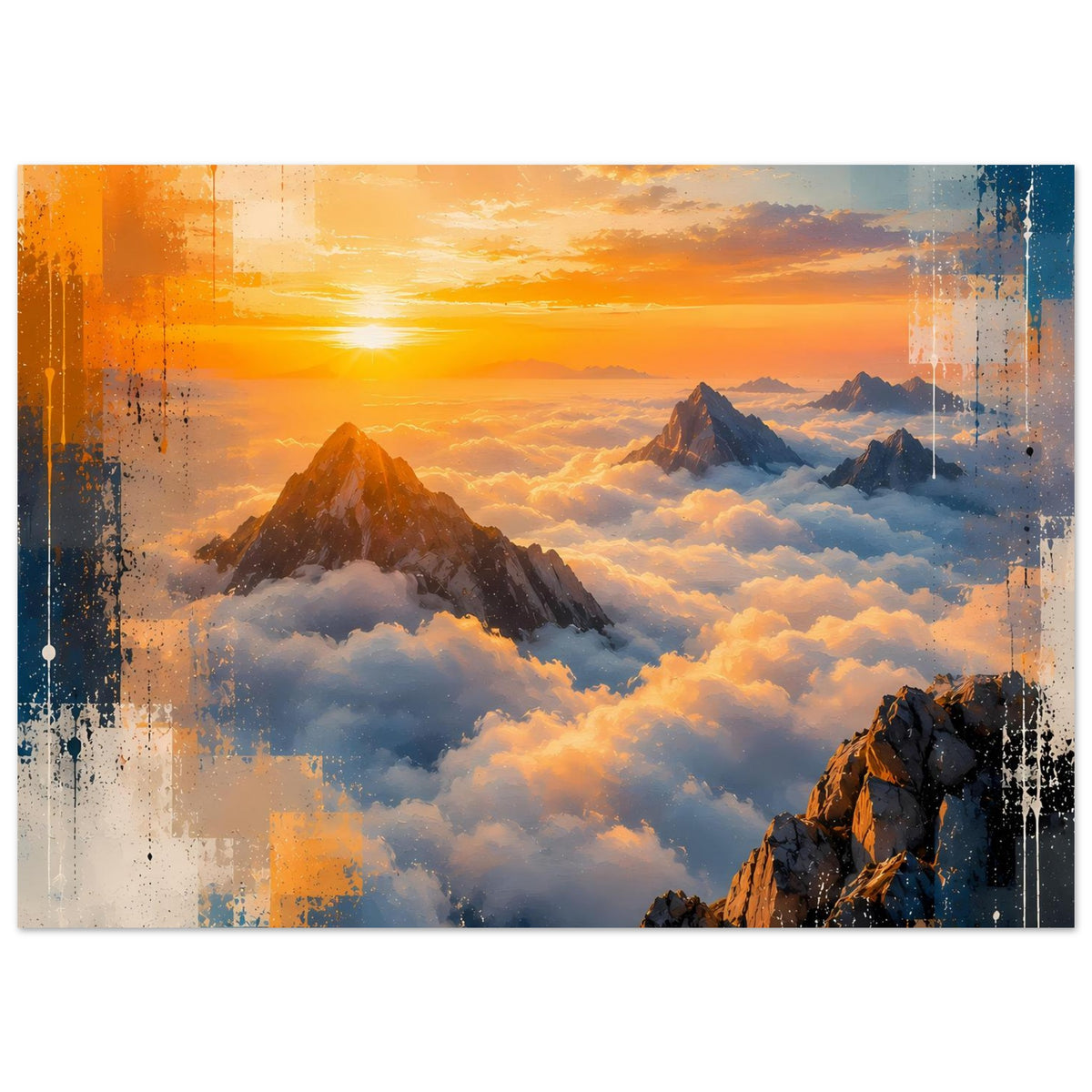 Horizontales Poster mit Sonnenuntergangslandschaft, Bergen, Wolken und abstrakten Farbflächen