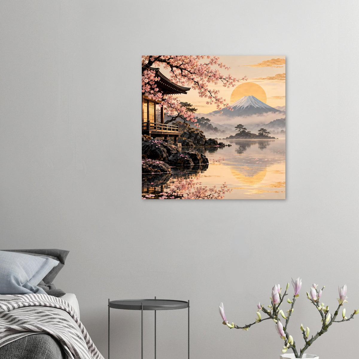 Kleines Sakura-Poster: Kirschblüten über See, Berg Fuji und goldenes Sonnenuntergangslicht