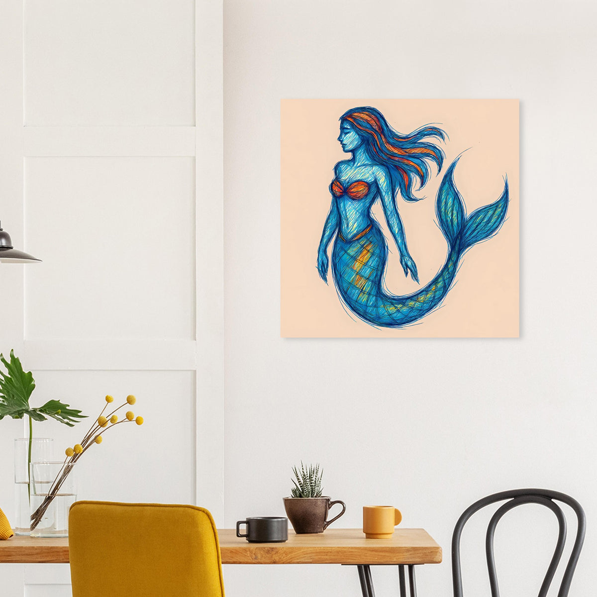 Gerahmtes Kunstposter mit blauer Meerjungfrau, roter Akzent im Gesicht und blauer Flosse