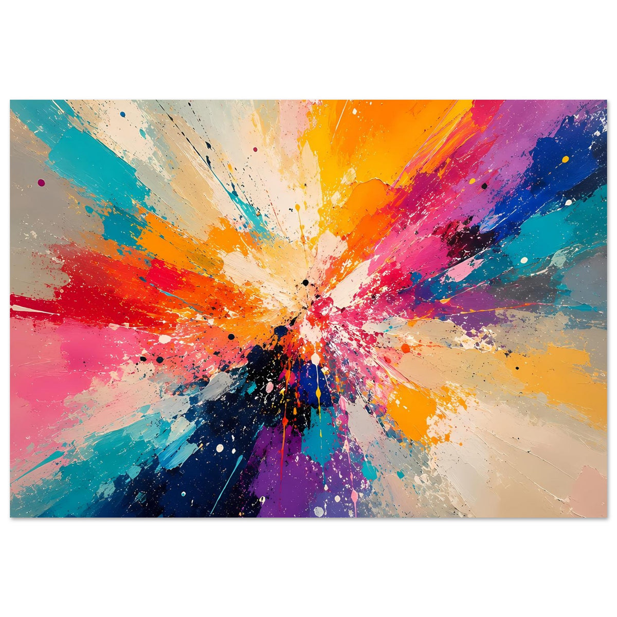 Abstraktes Kunstposter im Querformat mit farbenfrohem Explosion-Motiv, Sprenkel