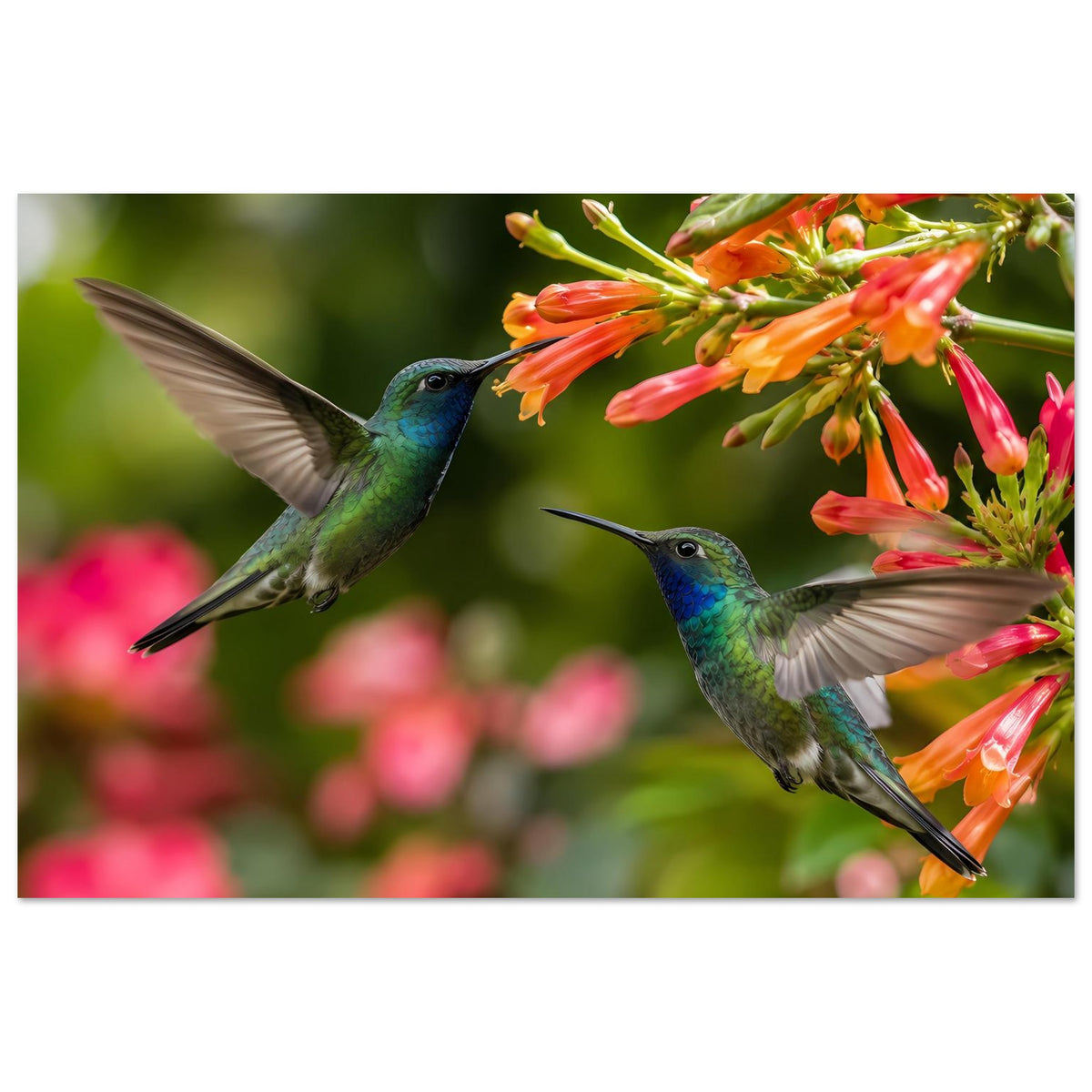 Querformat-Poster: zwei Kolibris im Flug vor roten Blütenrispen