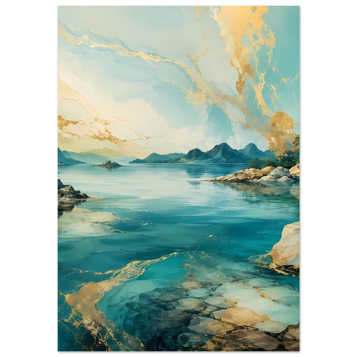 Küstenposter im Hochformat: ruhige Bucht mit türkisblauem Meer, Felsen und Bergkette