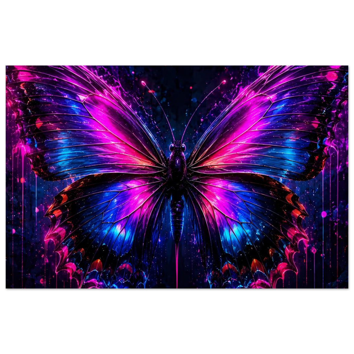 Neon-Schmetterlingsposter mit leuchtendem Zentrum in Pink und Blau, horizontal