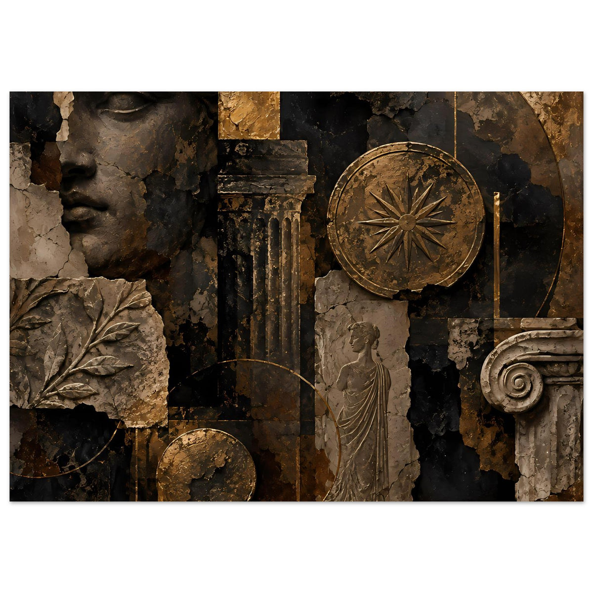 Wandposter mit antikem Relief: Büste, goldene Scheibe, Statue & Ornament in Bronze/Schwarz