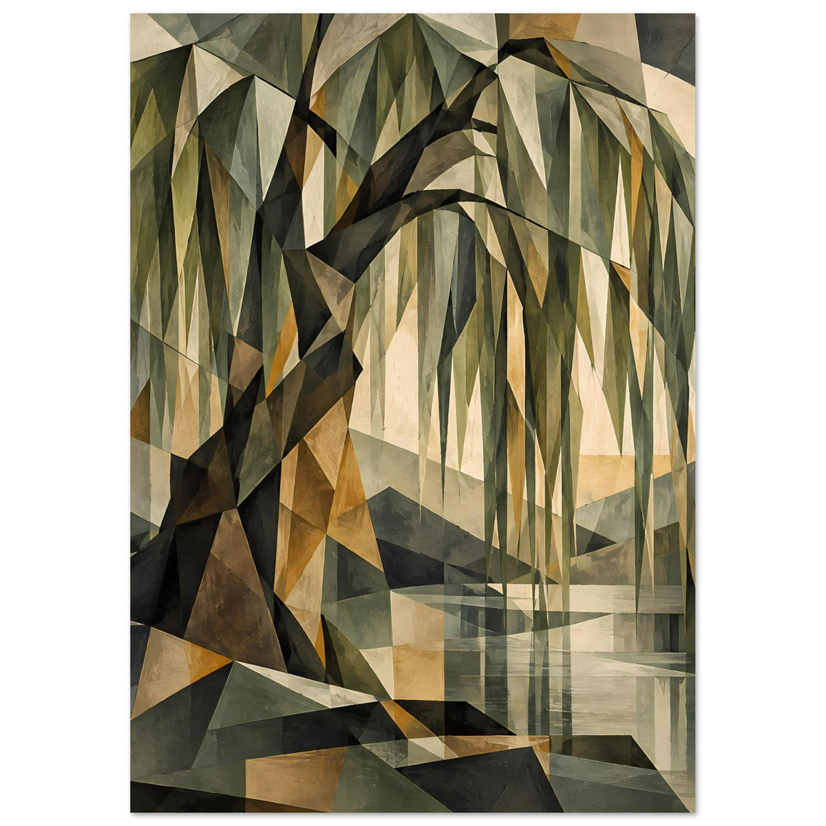Geometrisches Baum-Poster im Hochformat, abstrakte Baumkrone und Stamm in Erdtönen