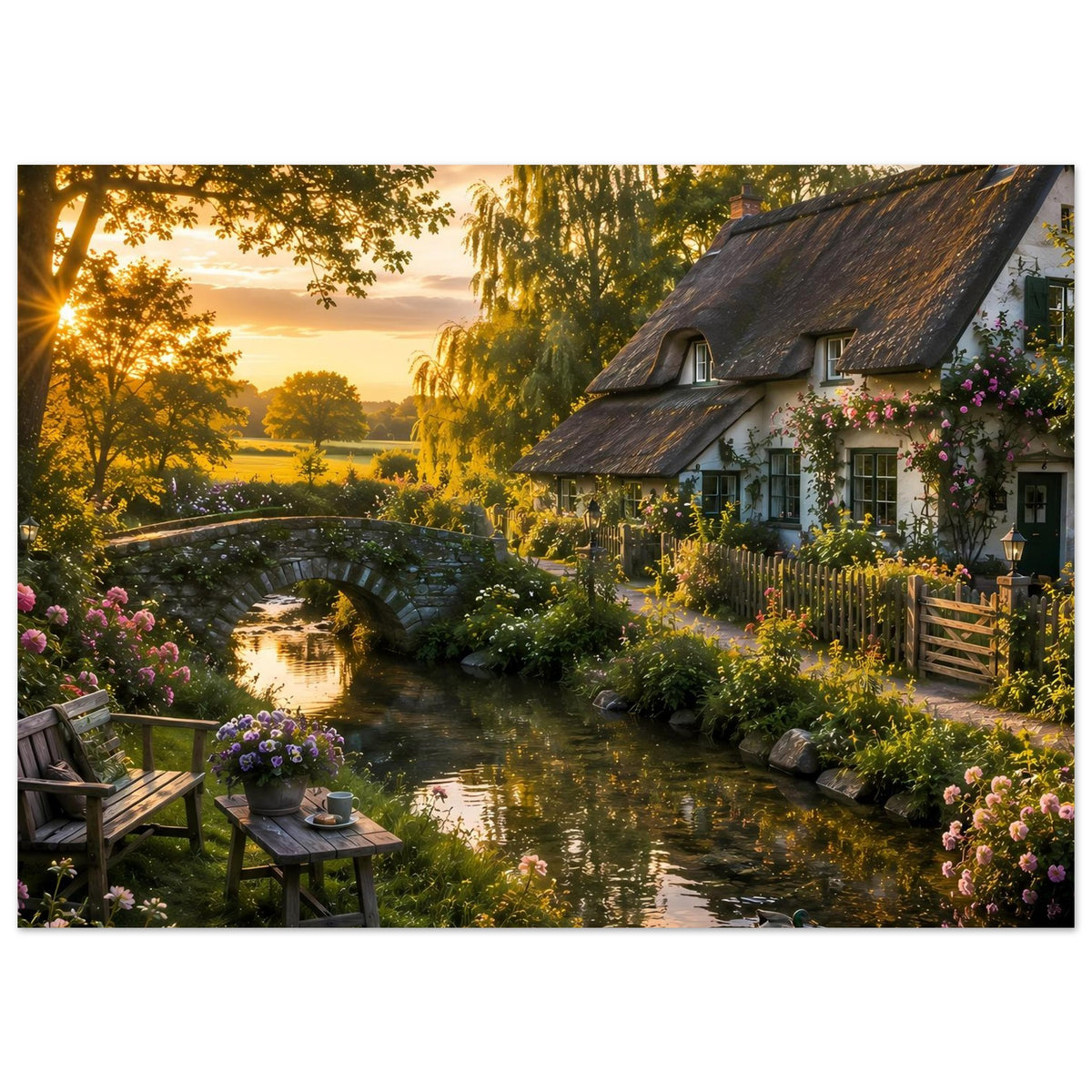 Poster im Querformat: Landhaus am Bach mit Steinbrücke, Blumen am Rand und Enten.