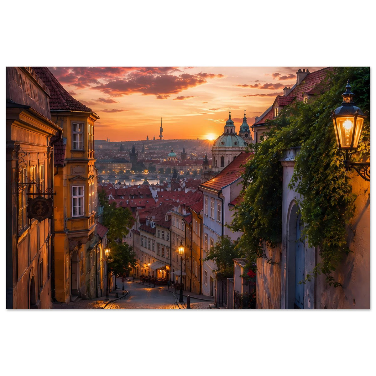 Querformat-Poster: Abendliche Altstadtstraße mit Kopfsteinpflaster, Laternen und Kirchenkuppel