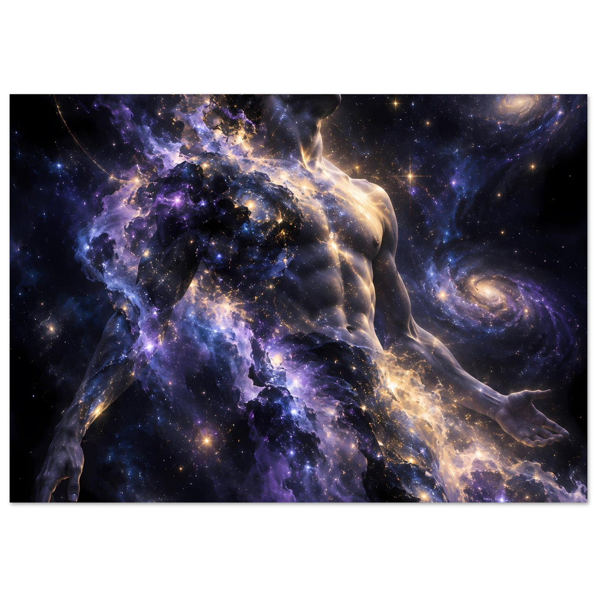 Galaxienposter mit schwebender androgyner Figur in Violett und Gold vor Sternen