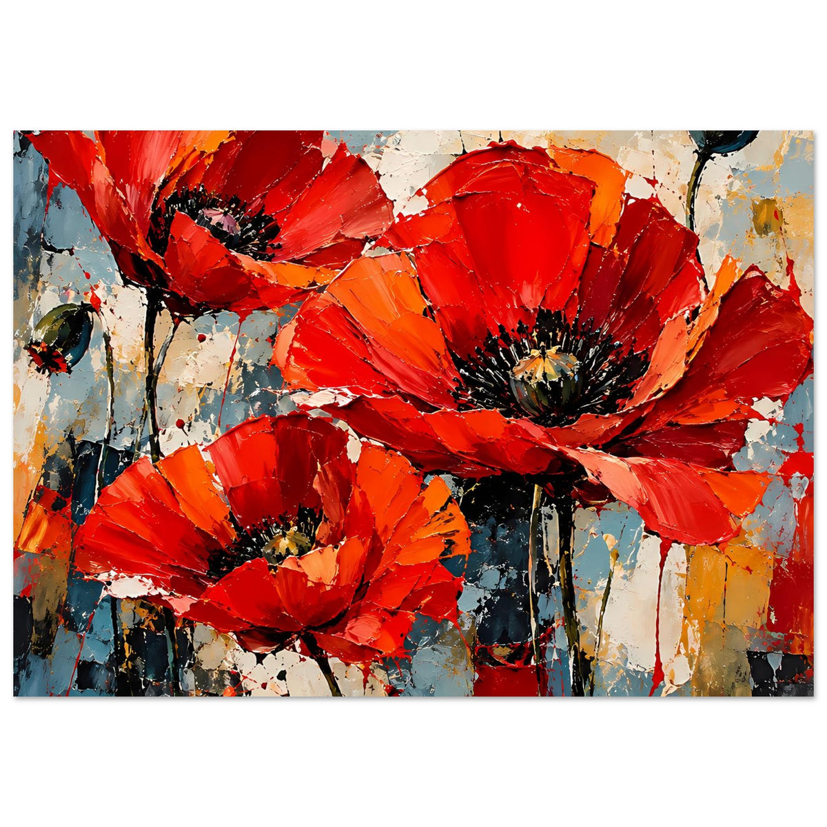 Abstraktes Poster mit roten Mohnblumen, Querformat, auf mattem Premiumpapier