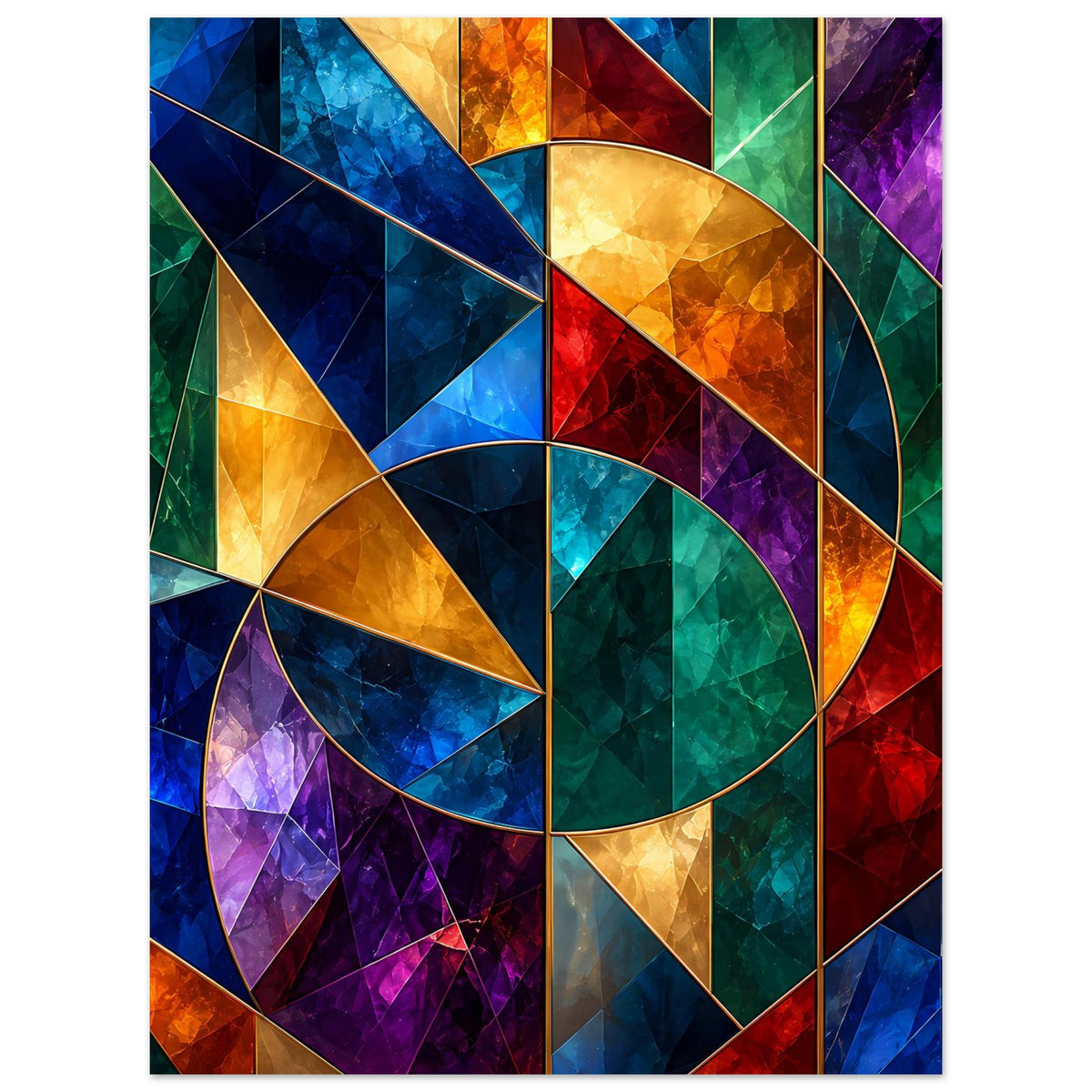 Poster im Hochformat mit Tiffany-Glas-Motiv und Halbkreis in Grünblau, Orange, Gelb und Violett