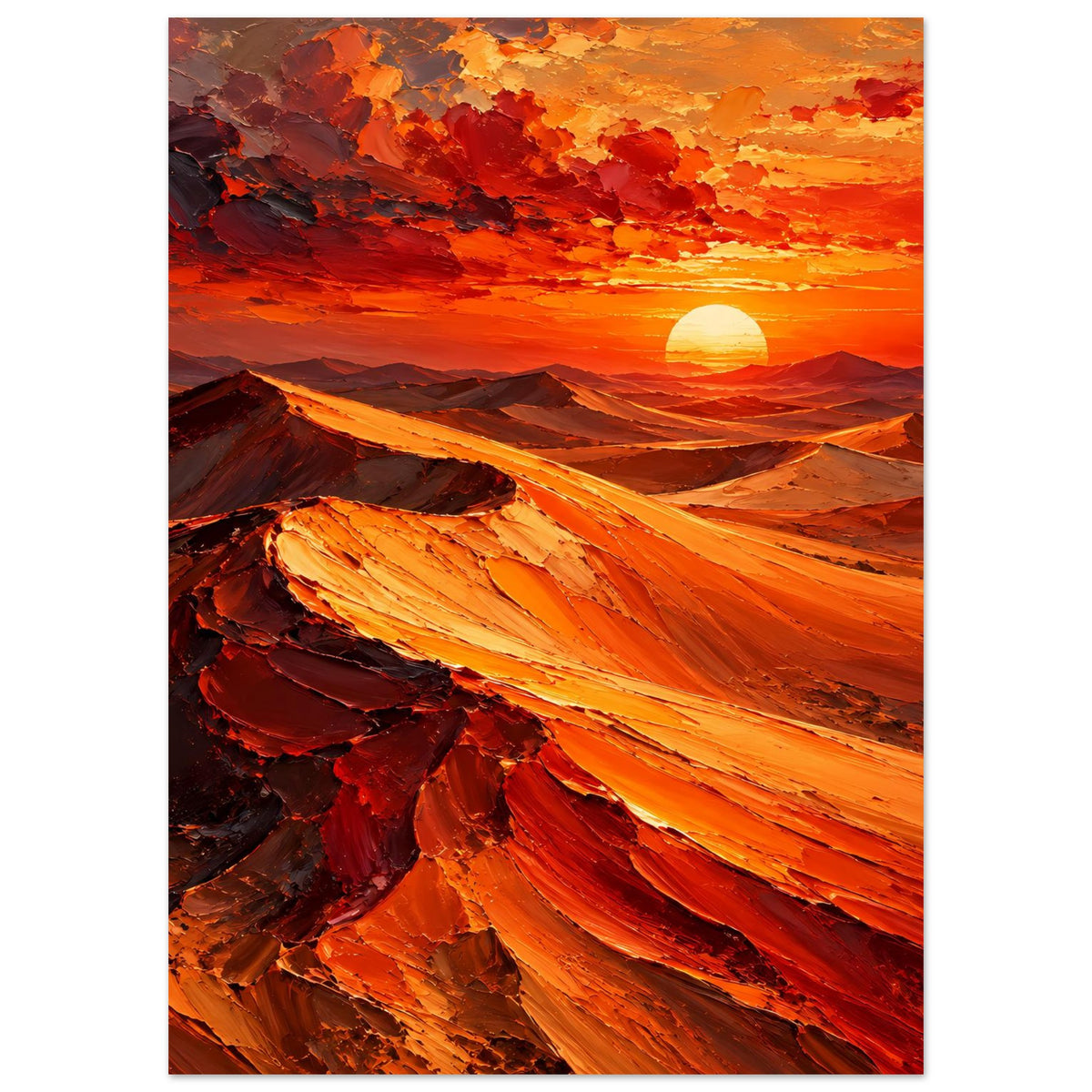 Poster: Wüstenlandschaft mit rotem Himmel, orangefarbene Dünen und leuchtender Sonne