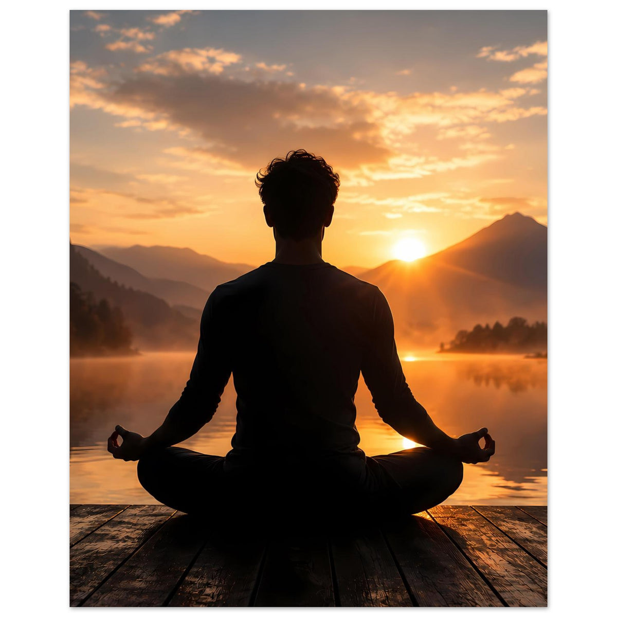 Meditations-Poster mit Vorderansicht einer Person im Lotussitz bei Sonnenuntergang