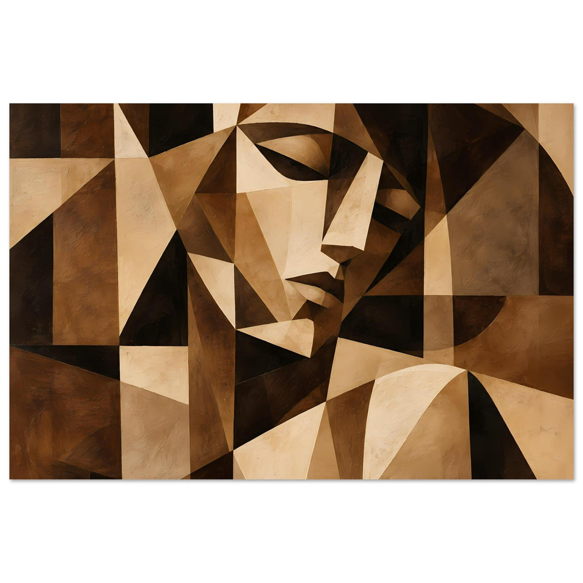 Kubistisches Kunstposter mit geometrischem Porträtmotiv in Brauntönen und Beige