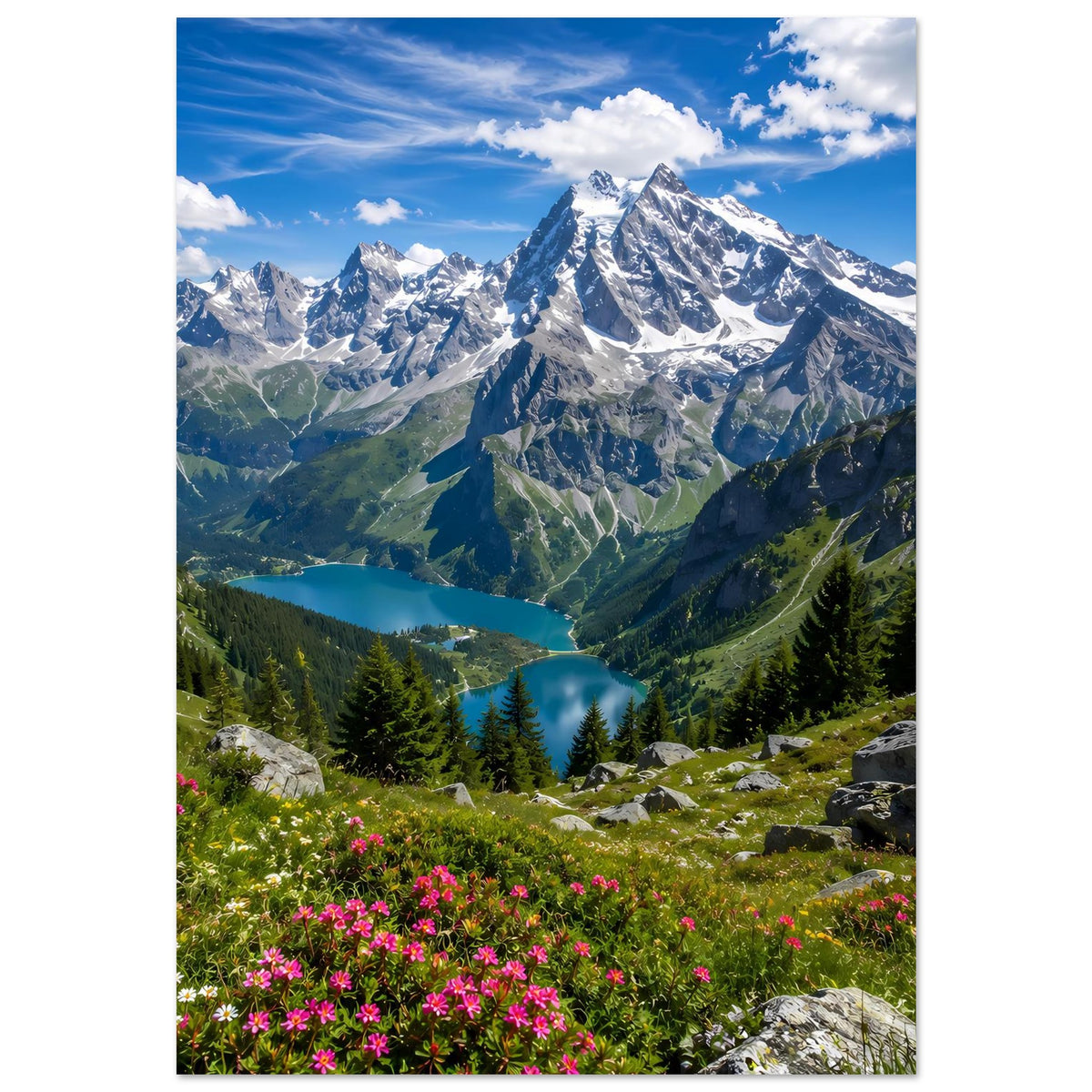 Alpenlandschaft-Poster, vertikal: schneebedeckte Gipfel, Flusstal und Fichtenwald mit Wildblumen