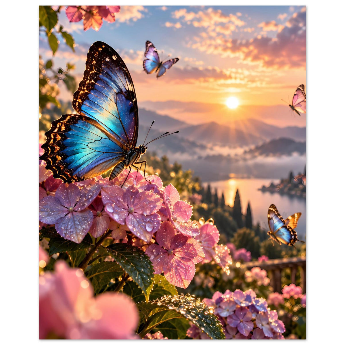 Poster: großer blauer Schmetterling auf rosa Blüten, mehrere Schmetterlinge im Himmel