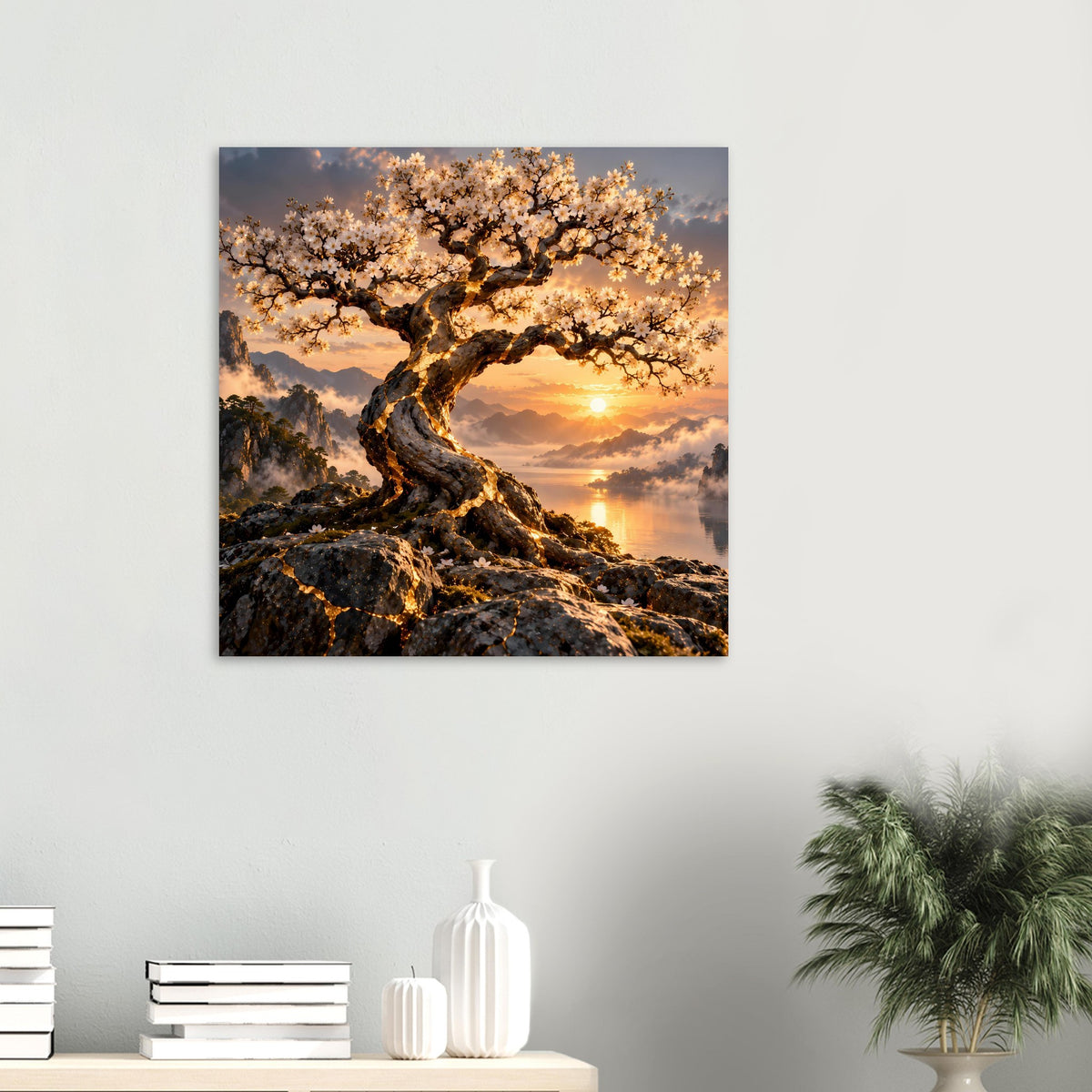 Quadratisches Poster: Blütenbaum und Sonnenuntergang über Wasser, warme Goldtöne