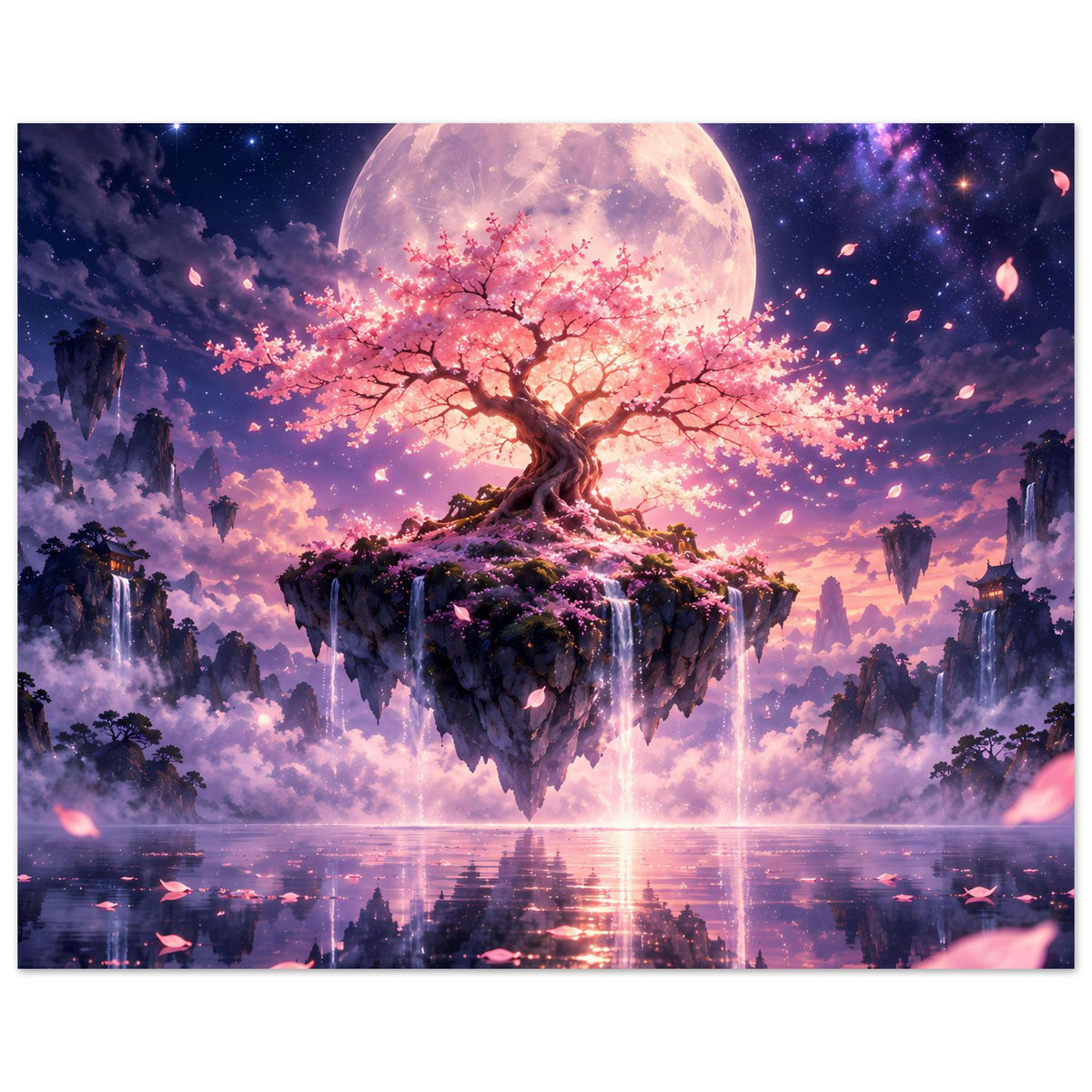 Poster: Kirschbaum auf schwebendem Fels, rosa Blütenregen, Vollmond über ruhigem Wasser