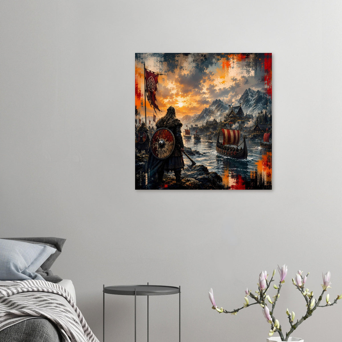 Kleines Wikinger-Saga-Poster mit Schildkrieger und Langschiff bei orange-rotem Sonnenuntergang