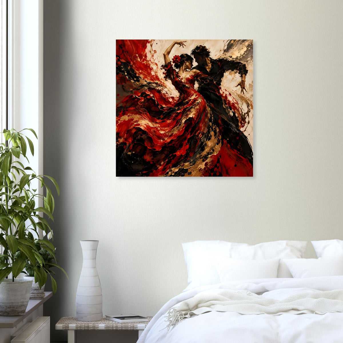 Quadratisches Flamenco-Poster mit rotem Rock, schwarzer Tänzerin und goldenen Akzenten