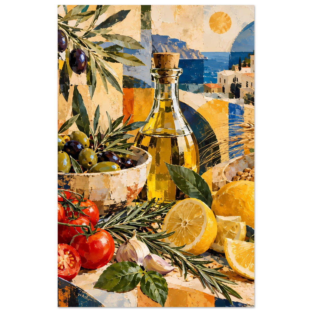 Vertikales Stillleben-Poster: Ölflasche, Oliven, Tomaten und Zitrusfrüchte