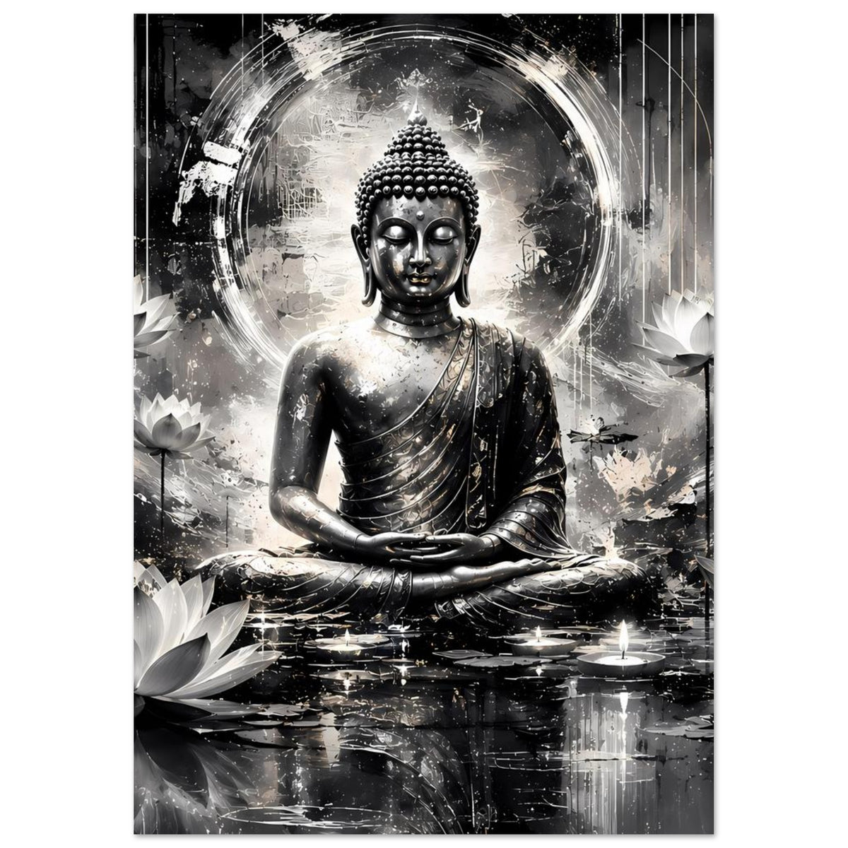 Buddha-Kunstposter in Schwarzweiß, meditierender Buddha mit Lotusdeko und Lichtkranz