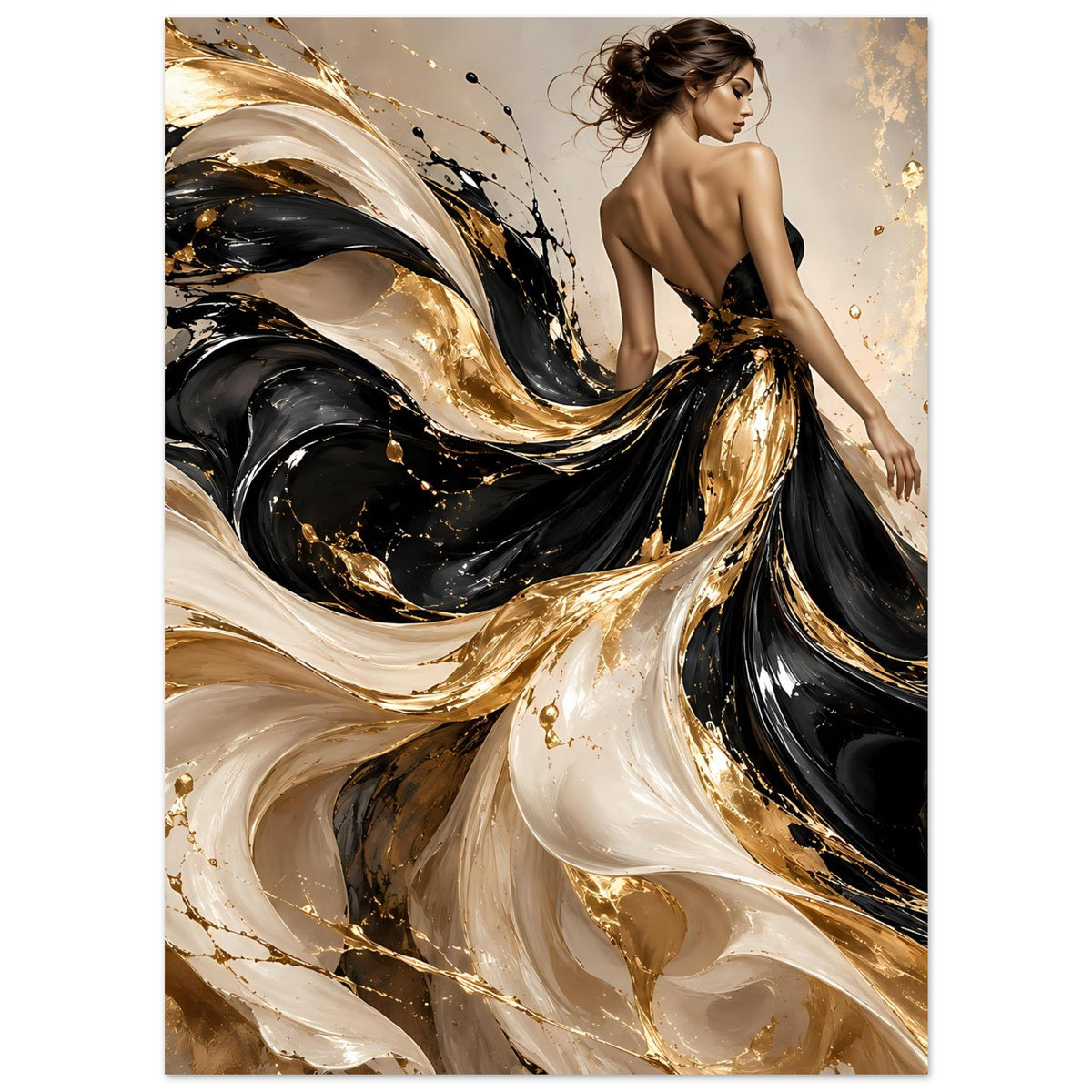 Poster-Print mit abstrakten Strömungen in Schwarz, Gold und Elfenbein, weibliche Rückenansicht