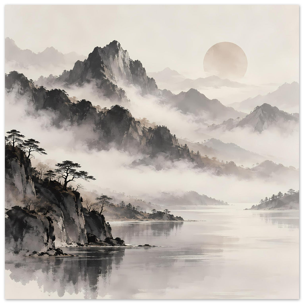 Poster mit nebliger Schwarzweiß-Berglandschaft, See und rundem Mond, Seitenrand mit Rahmen